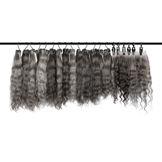 Indian Raw Deep Wavy Wefted Bundle ( Salt & Pepper Grey)