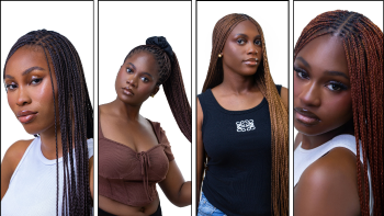 Four women with styled hair in different styles on a white background